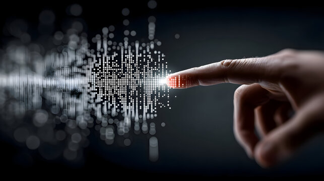 Human Touch Igniting a Luminous Wave of Digital Data Particles.