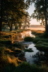 Picturesque scenery of a small river (bog) near the forest at sunrise. Morning fog, haze, sunbeams. Early autumn. Atmospheric landscape. Idyllic rural scene. Pure nature, ecology, environment