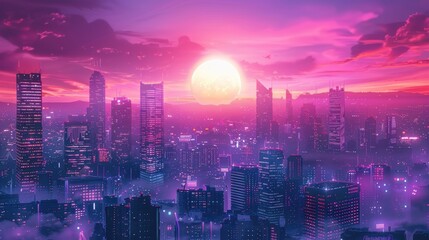 Fototapeta premium Futuristic city skyline at sunset, with vibrant pink and purple hues illuminating towering skyscrapers, creating a stunning urban landscape filled with atmospheric clouds and glowing lights