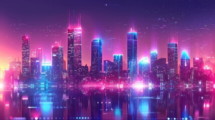 Fototapeta premium Futuristic city skyline at night with vibrant neon lights reflecting on water, showcasing modern architecture and a lively urban atmosphere filled with energy and innovation