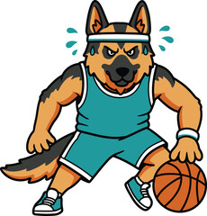 German Shepherd Dribbling Basketball with Intense Focus