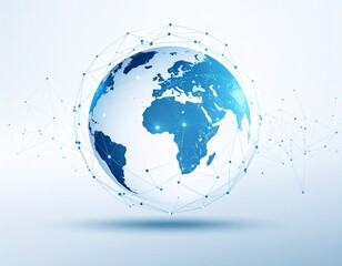 A glowing blue digital globe with interconnected nodes representing a global network and data flow.