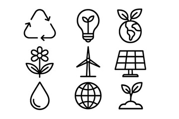 Icons representing renewable energy, environmental conservation, and sustainability efforts in a minimalist design