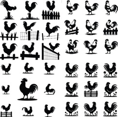 Rooster Crowing on Fence Silhouette – Rural Morning Icon Set Farm Rooster Silhouette on Fence – Sunrise Animal Icon