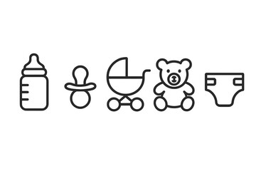 Baby essentials for new parents including bottle, pacifier, stroller, teddy bear, and diaper