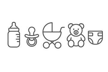 Items essential for caring for a newborn including a bottle, pacifier, stroller, teddy bear, and diaper displayed in a minimalist style