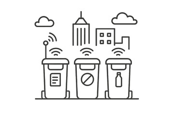 Smart waste management system in an urban setting featuring connected trash bins with sensors and building skyline in the background