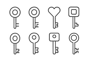 Collection of diverse key designs featuring heart and square shapes displayed on a simple background