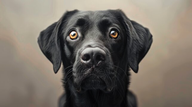 Black Labrador Retriever with expressive eyes, gazing directly at the camera, showcasing its glossy fur and attentive demeanor, embodying loyalty and companionship in a warm atmosphere
