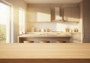 Fototapeta premium Kitchen interior design table wooden countertop design with wood cozy background mockup branding
