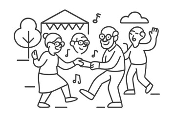 Joyful elderly couple dancing in a park during a community event with music and friends nearby