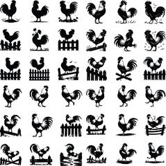 Rooster Crowing on Fence Silhouette – Rural Morning Icon Set Farm Rooster Silhouette on Fence – Sunrise Animal Icon