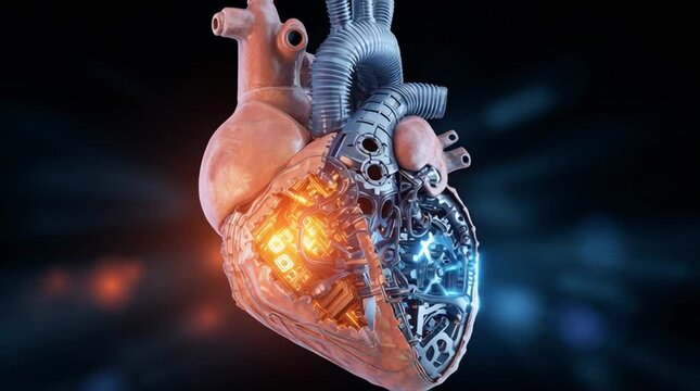 Conceptual image of a human heart split between organic tissue and a glowing mechanical engine, symbolizing the fusion of humanity and technology, emotion and innovation