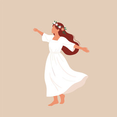 Fototapeta premium Elegant woman in flowing white dress and floral crown dancing joyfully in a serene meadow