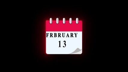 13 February date calendar icon animation, calendar icon Mali video, calendar moving neon black background