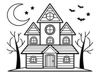 Fototapeta premium Haunted House Halloween Coloring Page for Kids. Halloween Haunted House Coloring Page with Pumpkins Ghosts and Bats