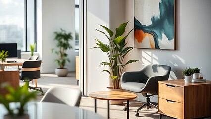Modern office corner featuring contemporary furniture and abstract wall art.