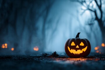 Glowing Pumpkin in Spooky Forest Scene