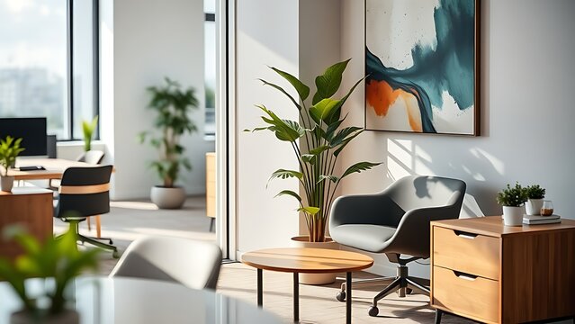 Modern office corner featuring contemporary furniture and abstract wall art.