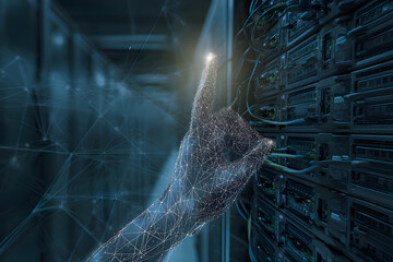 Luminous Plexus Hand Activates Server Network in a Futuristic Data Center.