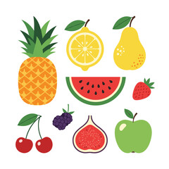 A colorful assortment of fresh fruits including pineapple lemon pear watermelon strawberry cherries blackberry fig and apple for healthy eating