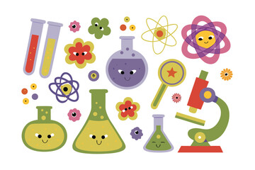 Science Exploration: A whimsical illustration of scientific elements, including beakers, test tubes, and a microscope, each with a touch of personality through charming facial features.