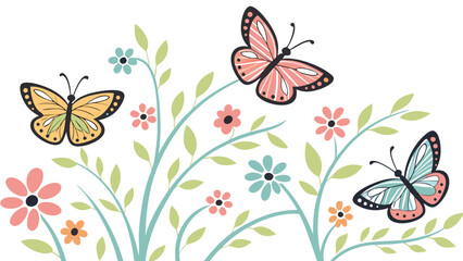 Stylized colorful butterflies fluttering over a bed of simple blooming garden flowers.