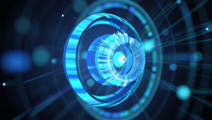 Abstract glowing blue and cyan concentric rings with radiating light beams representing futuristic data flow.