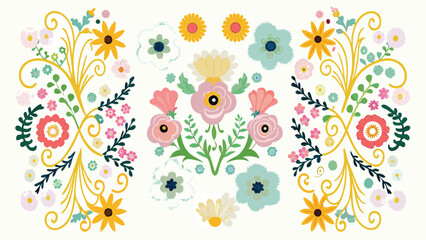 Obraz premium Floral arrangement featuring pastel colored flowers with yellow swirls and green leaves design element