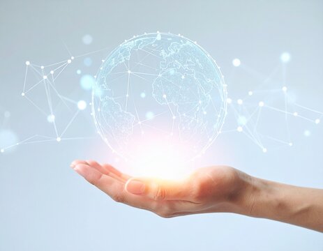 A hand holding a glowing digital globe, representing global connectivity and technology. - Powered by Adobe