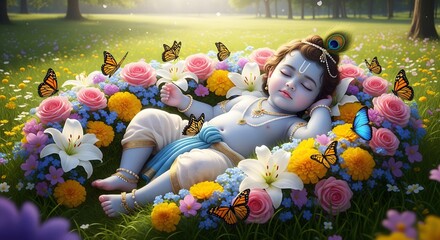 Serene infant krishna slumbers amidst a vibrant garden of flowers and butterflies