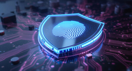 Biometric security concept: A sleek, reflective shield, acting as a security hub, displays a glowing digital fingerprint on its surface. The shield has a bright cyan glowing edge and is integrated int