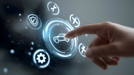 Futuristic Automotive Interface: Finger Selecting Smart Car Services on a Glowing Digital Display.