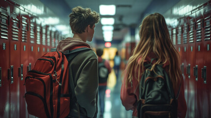 Teenagers hanging out in a high school hallway between classes, lockers lining the walls, candid expressions, youthful energy, light leaks, yearbook-style photo realism.