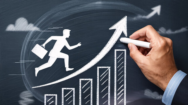 Visualize your dynamic business growth with this illustration of a driven leader and rising chart, ideal for success concepts