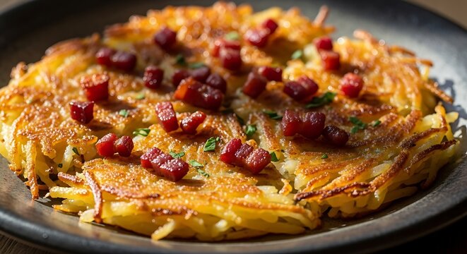 A savory Swiss potato r&ouml;sti served on a dark plate, garnished with crispy bacon lardons and fresh parsley, a traditional comfort food