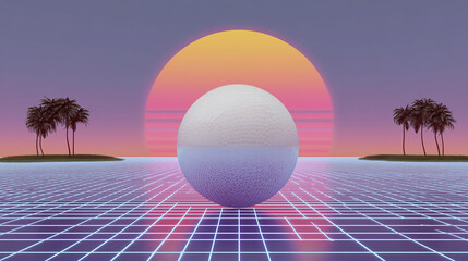 Vaporwave aesthetic: ball with pastel grid and sunset