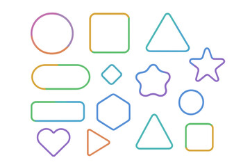 Colorful geometric shapes in various outlines arranged on a white background for educational or design purposes