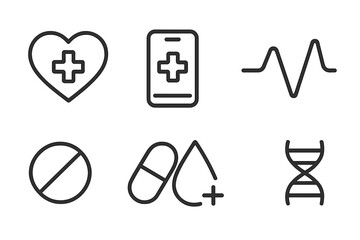 Health and wellness icons representing medical care, technology, and diagnostics in a modern health environment