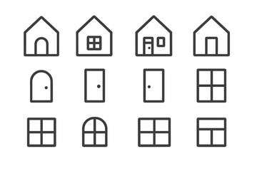 Collection of simple house and door designs in black and white on a clean background, ideal for architectural inspiration or graphic design projects