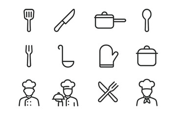 Kitchen utensils and chef icons illustrating culinary tools and activities in a minimalistic design style