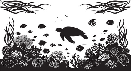 Underwater scene silhouette with a sea turtle, fish, coral, and seaweed ocean