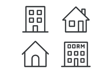 Various building designs including residential and commercial structures in simple line art style
