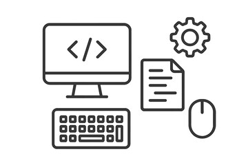 Coding workspace with computer, keyboard, mouse, document, and gear elements representing software development tasks
