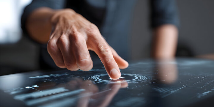 Fingertip Activating a Luminous Circular HUD on a Futuristic Touchscreen.