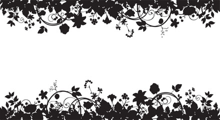 Decorative floral and vine silhouette border design on white background vines leaves