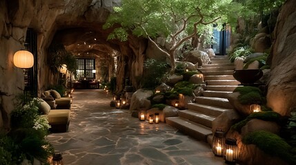 Obraz premium Peaceful Zen cave with glowing lanterns and stairs high resolution image