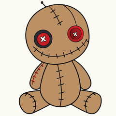 Cute cartoon voodoo doll sitting isolated on white background