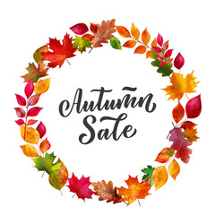 Vector frame with fall leaves, Autumn Sale lettering. Vector watercolor wreath for seasonal banners, poster, invitations