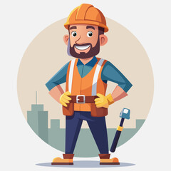 Cartoon Construction Worker Ready to Build Holding a Hammer, Tool Belt, Wearing Yellow Hard Hat and Orange Safety Vest